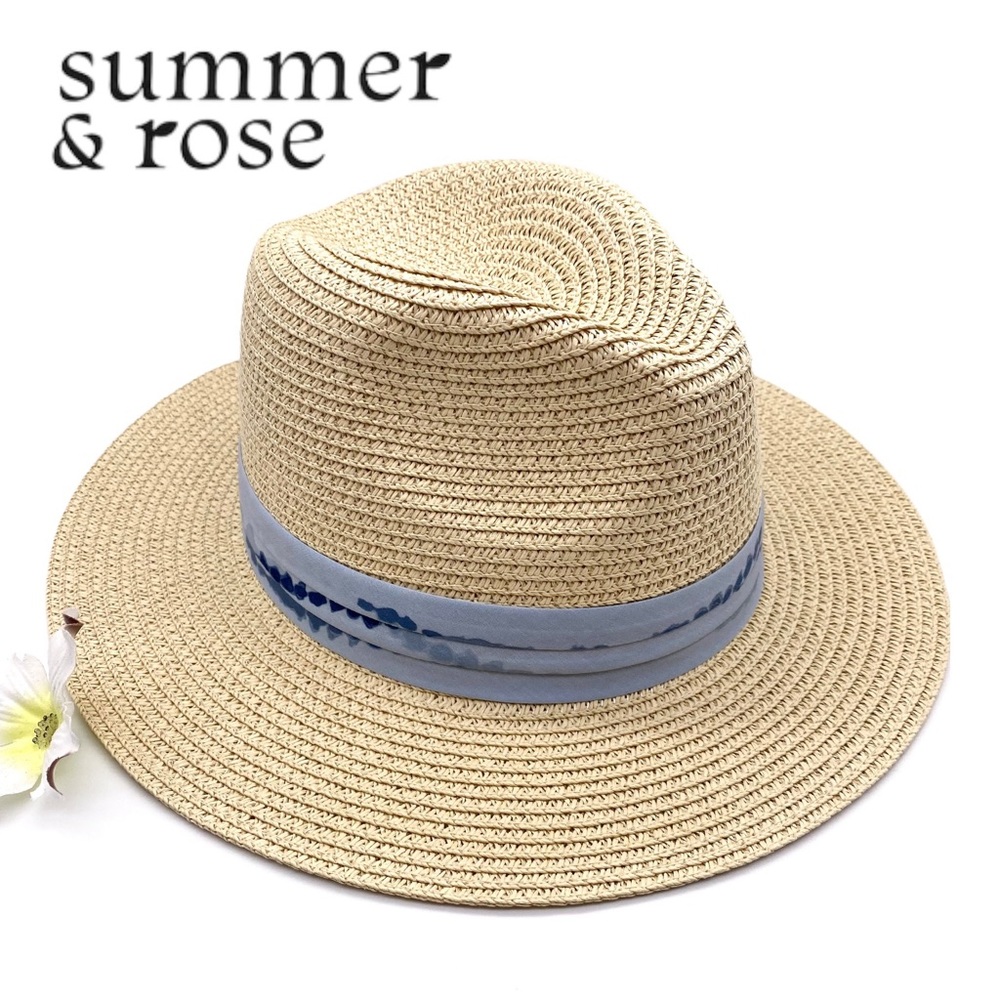 NWT Summer & Rose Madison Straw Fedora with Blue Tie Dye Band